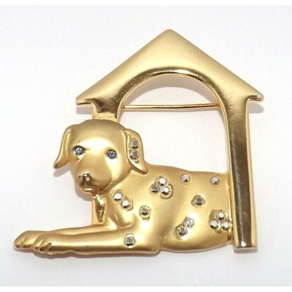 J&J JONETTE Jewelry Gold tone Crystal Blue Eyes Dalmation Dog House Brooch Pin